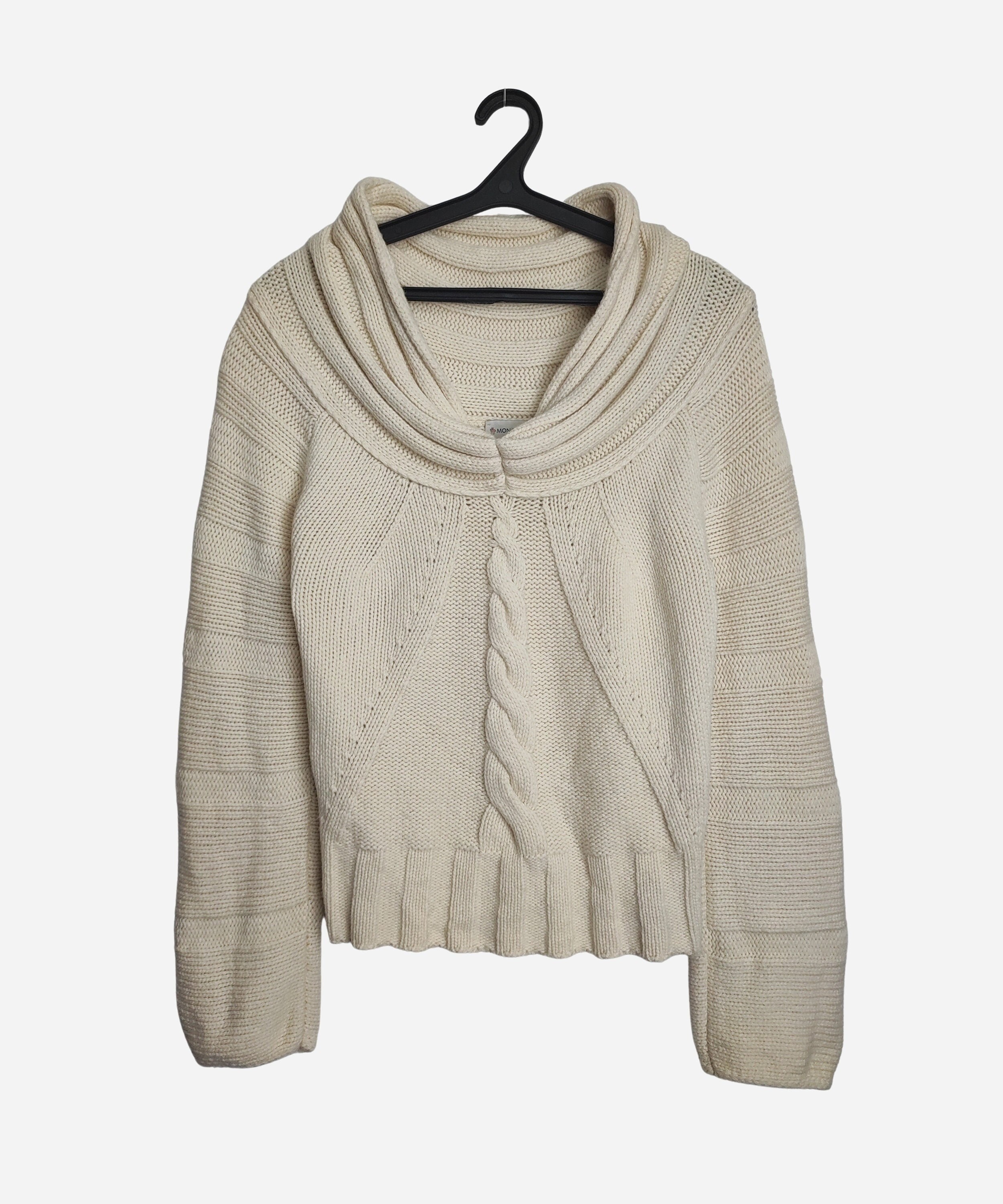 Moncler, MONCLER Wool Sweater, Womens Shawl Collar Wool Jumper, 90s Cable Knit Sweater, Authentic Designer Knitwear, Made In Italy Ecru Beige Sweater