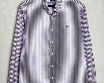 RALPH LAUREN Mens Shirt, 90s Polo Cotton Shirt, Purple Stripe Button Down Shirt, Custom Fit Long Sleeve Shirt, Casual Preppy Oxford Shirt, M