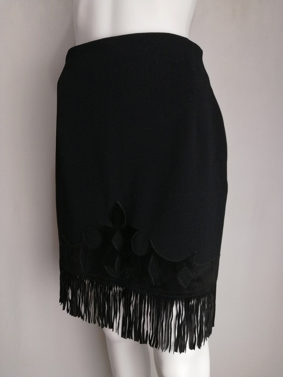 BYBLOS Wool Mini Skirt, Suede Applique Fringed Sk… - image 7