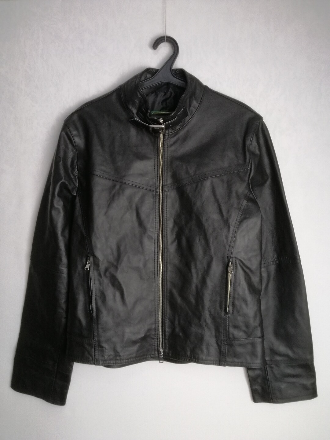 90s Mens Leather Jacket, Black Motorcycle Jacket, Genuine