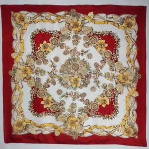 Floral Print Silk Scarf, Womens Large Head Scarf, Floral Pattern Square Scarf, Hand Rolled Silk Neck Scarf, Pure Silk Accessory Gift For Her