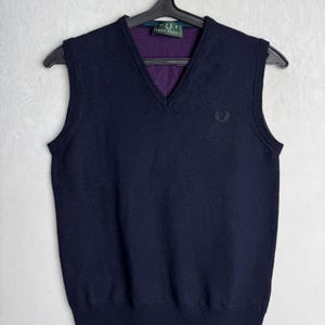 90s FRED PERRY Wool Vest, Classic Mens Sleeveless Sweater, Navy