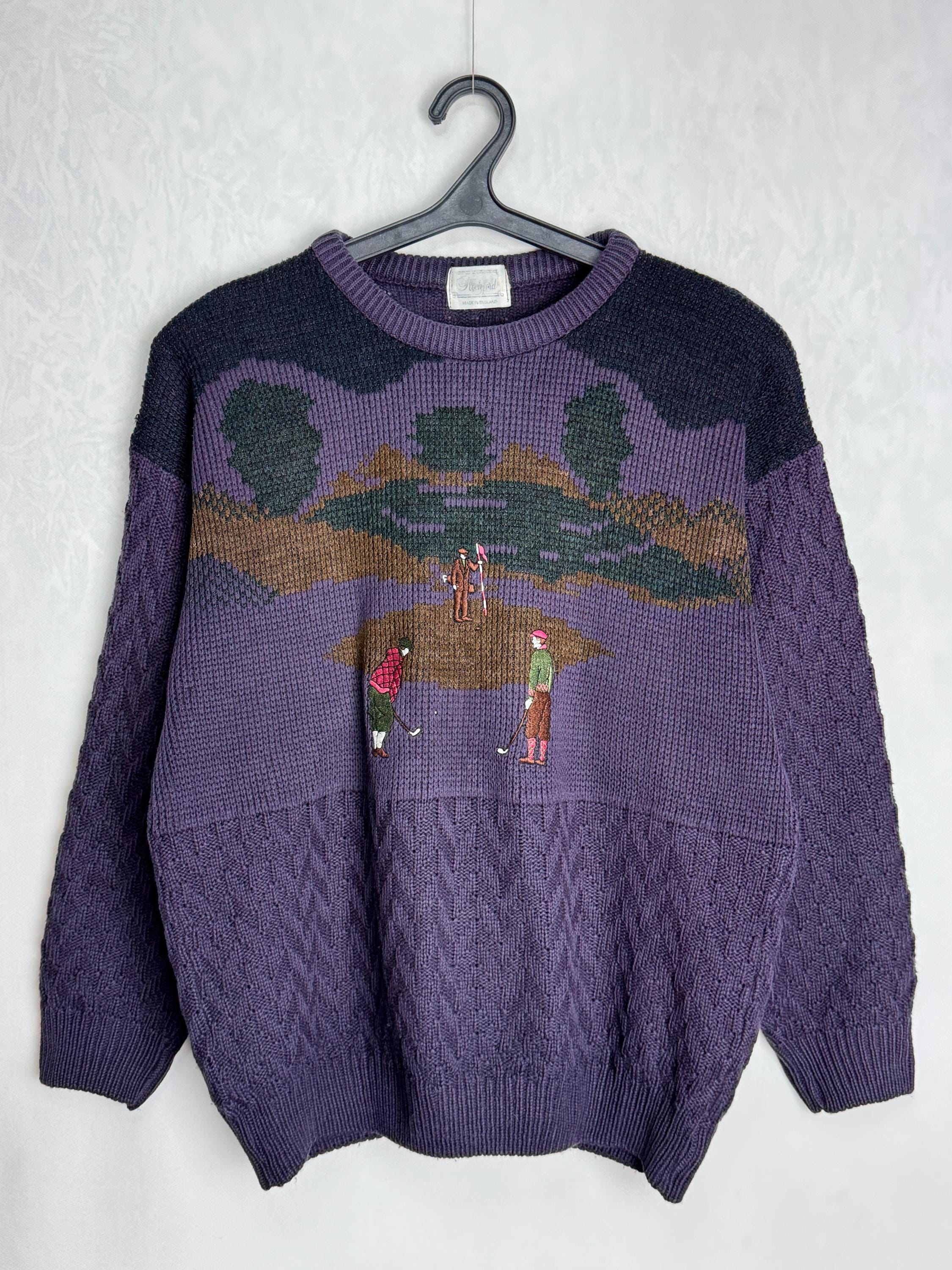 Vintage Golf Scene Sweater, 80s Men Wool Blend Pullover, Retro