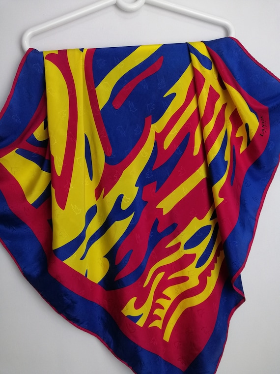 Foulard Carré LANVIN Vintage En Soie - Motif Floral Coloré - Pièce Authentique Et Faite Main