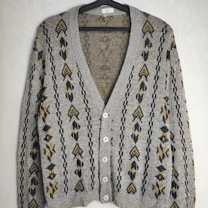 Mens Linen Blend Cardigan, Geometric Patterned Cardigan, 80s Unisex Retro Sweater, Grandpa Oldschool Sweater, Cosby Hipster Cardigan, Size L
