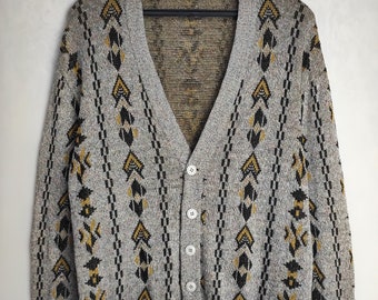 Mens Linen Blend Cardigan, Geometric Patterned Cardigan, 80s Unisex Retro Sweater, Grandpa Oldschool Sweater, Cosby Hipster Cardigan, Size L