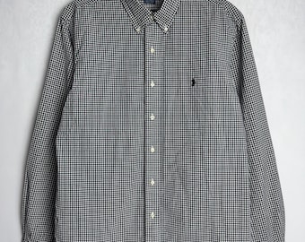 RALPH LAUREN Mens Shirt, 90s Polo Cotton Shirt, Gingham Check Button Down Shirt, Custom Fit Long Sleeve Shirt, 1990s Casual Clothing, L