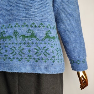 May include: A blue knitted jumper with a green reindeer and snowflake pattern around the bottom.