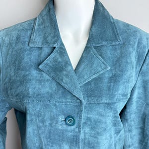 90-tals dammockajacka, skifferblå äkta läderkavaj, minimalistisk westernkappa, klassisk retro höstjacka, tidlösa mockaytterkläder, M L bild 2