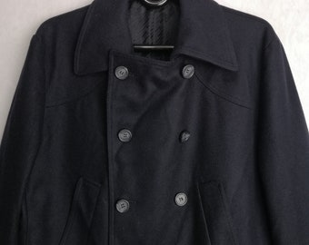 HUGO BOSS Vintage Wool Coat, Mens Double Breasted Overcoat, Navy