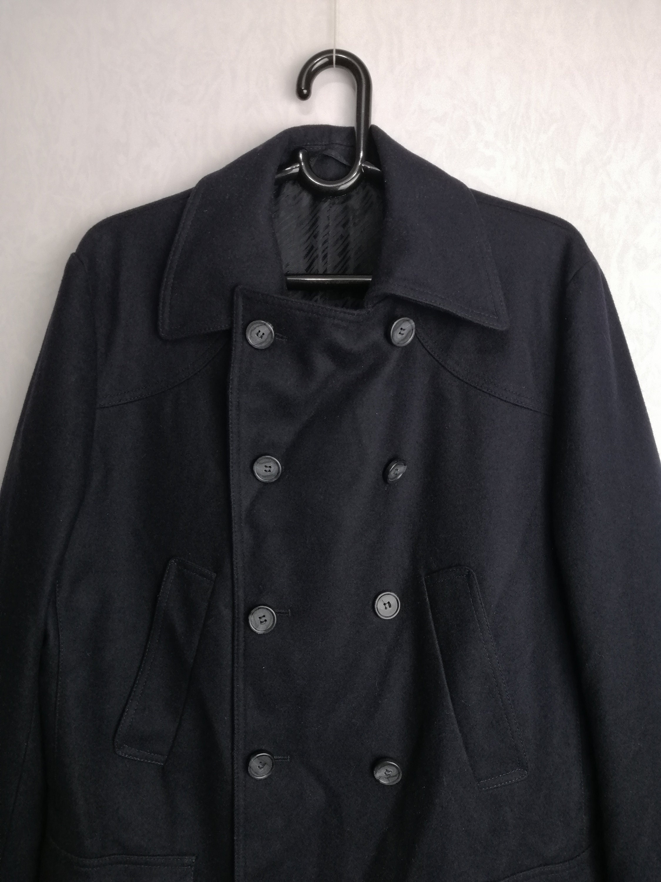 HUGO BOSS Vintage Wool Coat, Mens Double Breasted Overcoat, Navy