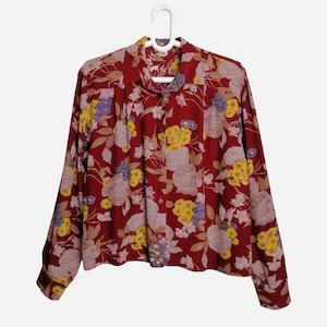 Made In Switzerland Vintage Womens Printed Blouse 80s Floral Psychedelic Viscose Synthetic Silk Long Sleeve Shirt