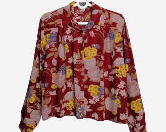 Made In Switzerland Vintage Womens Printed Blouse 80s Floral Psychedelic Viscose Synthetic Silk Long Sleeve Shirt