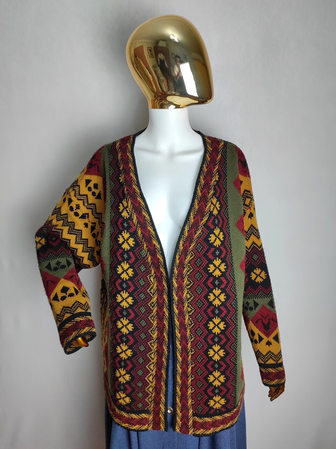 80s Nordic Open Front Cardigan, Geometric Pattern V-neck Cardigan