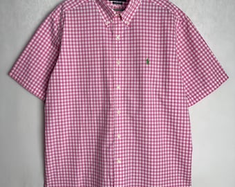 RALPH LAUREN Mens Shirt, 90s Polo Cotton Shirt, Gingham Check Button Down Shirt, Classic Fit Short Sleeve Shirt, 1990s Casual Clothing, XXL