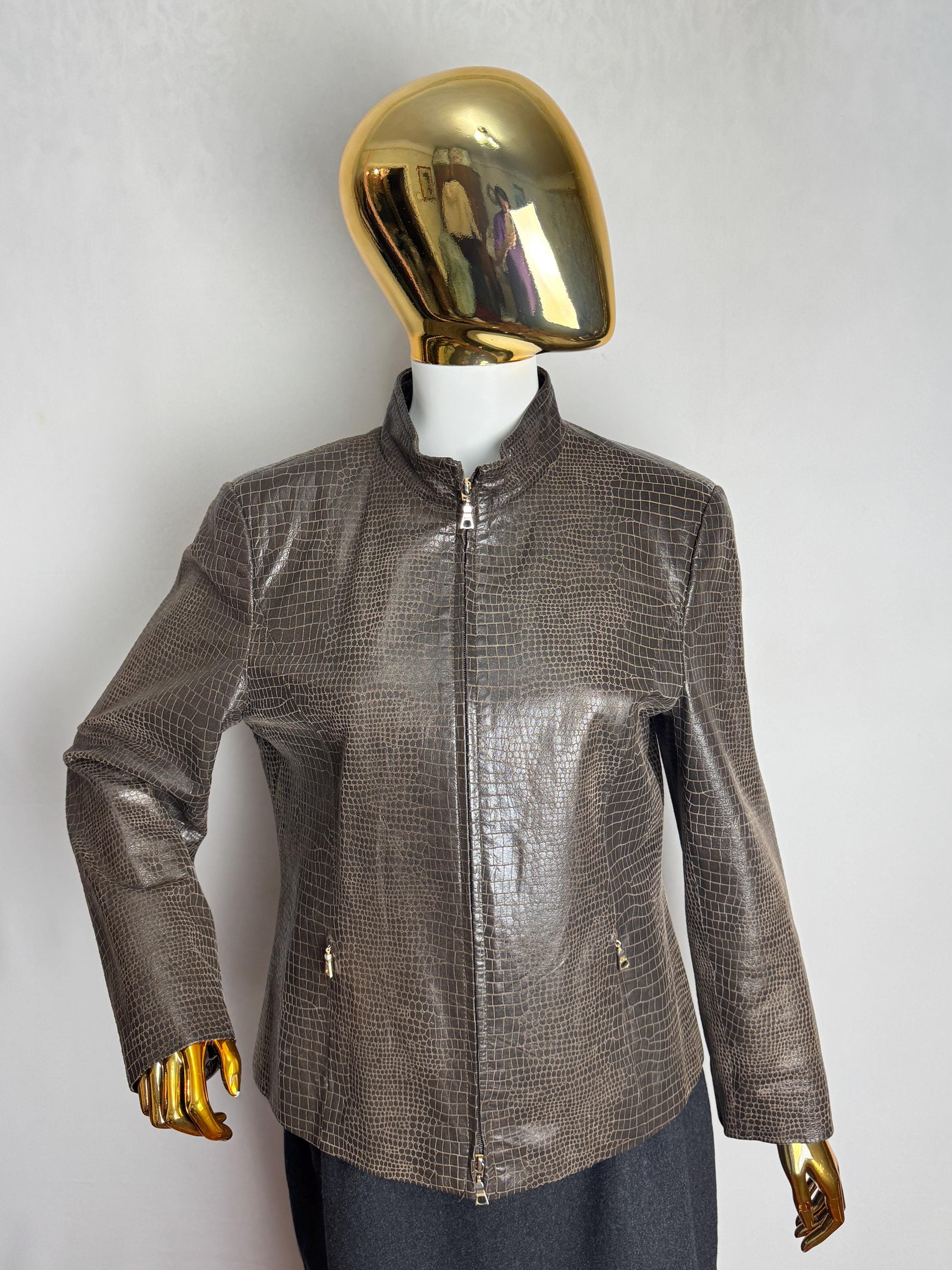 Vintage Brown Leather Jacket, 90s Reptile Embossed Zip up Jacket ...