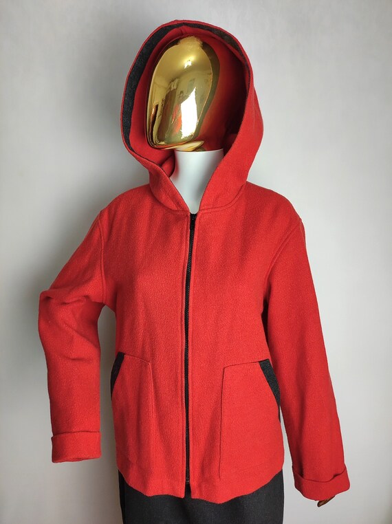 Austrian Wool Hooded Jacket, Red Full Zip Up Swea… - image 7