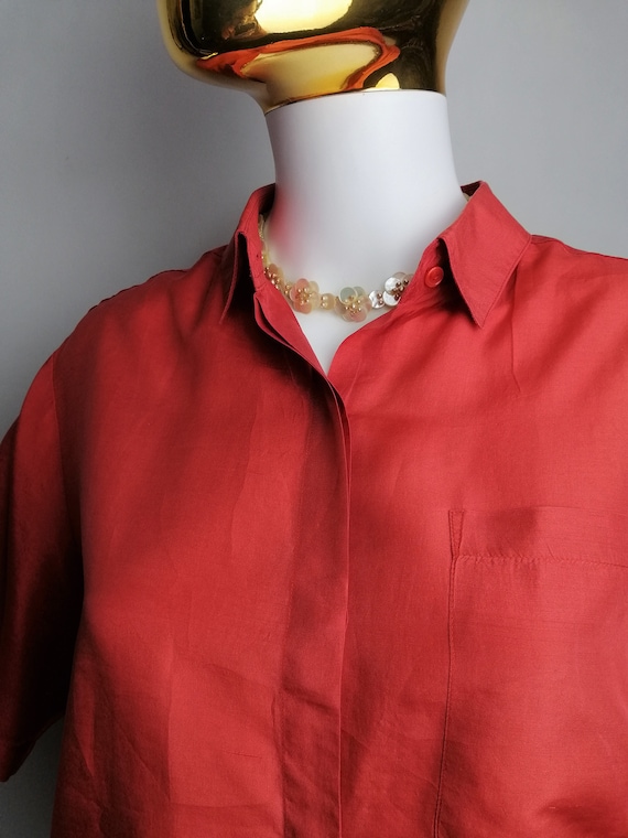 80s Red Silk Blouse, Oversized Silk Shirt, Short Sleeve