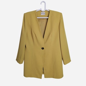 FRANK USHER Vintage Oversized Blazer 80s Womens Yellow Jacket Shoulder Pads Retro Long Blazer