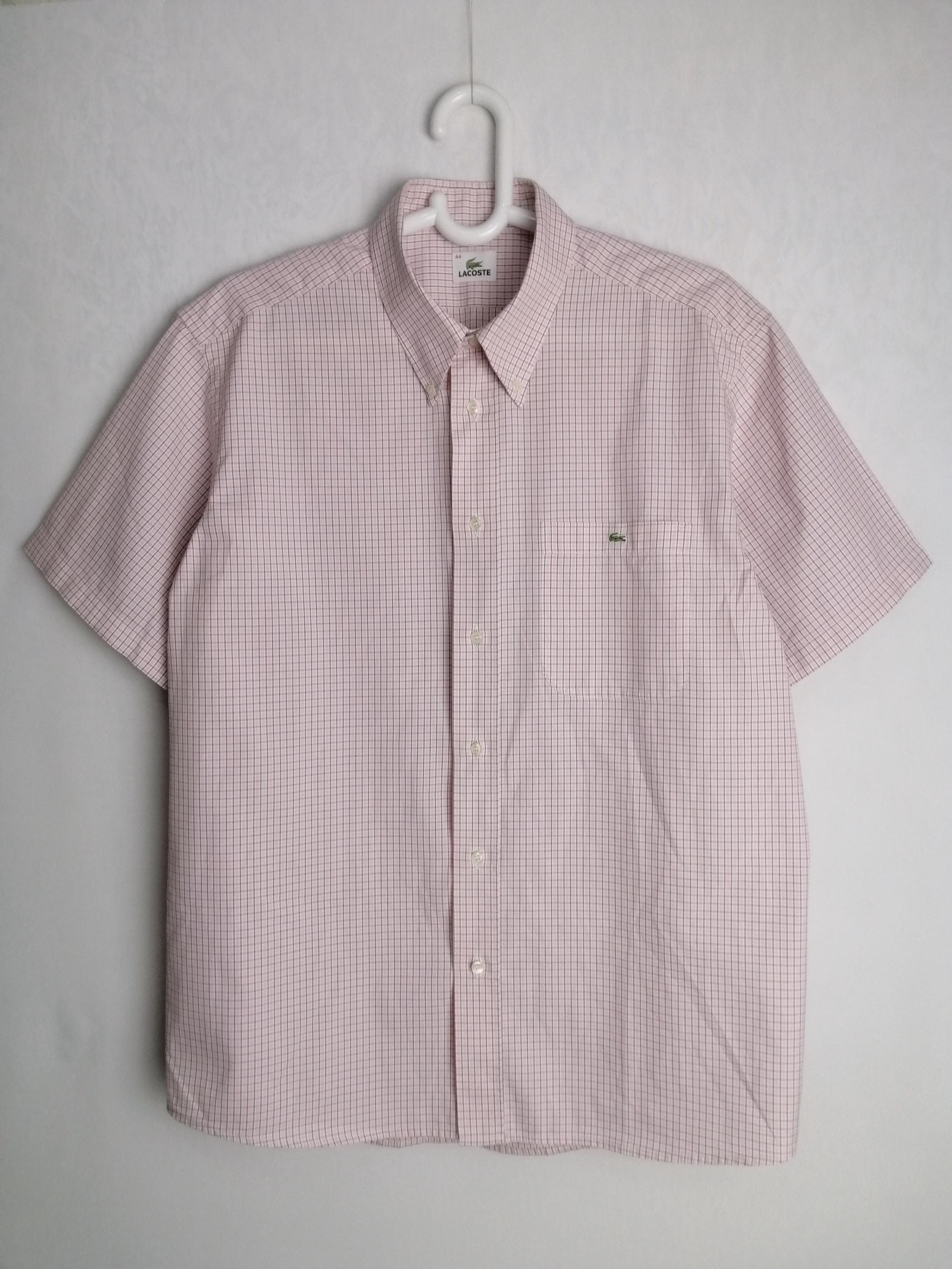 LACOSTE Cotton Shirt, 90s Crocodile Logo Short Sleeve Shirt, Mens Button Down Shirt, Pink Check Summer Shirt, Casual Streetwear Shirt, XXL