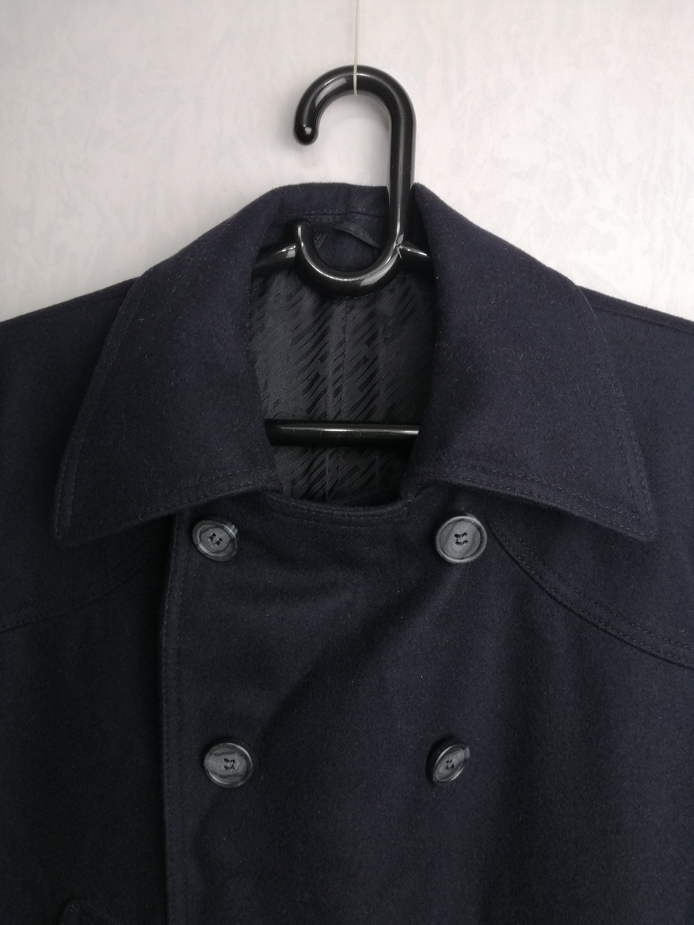 HUGO BOSS Vintage Wool Coat, Mens Double Breasted Overcoat, Navy
