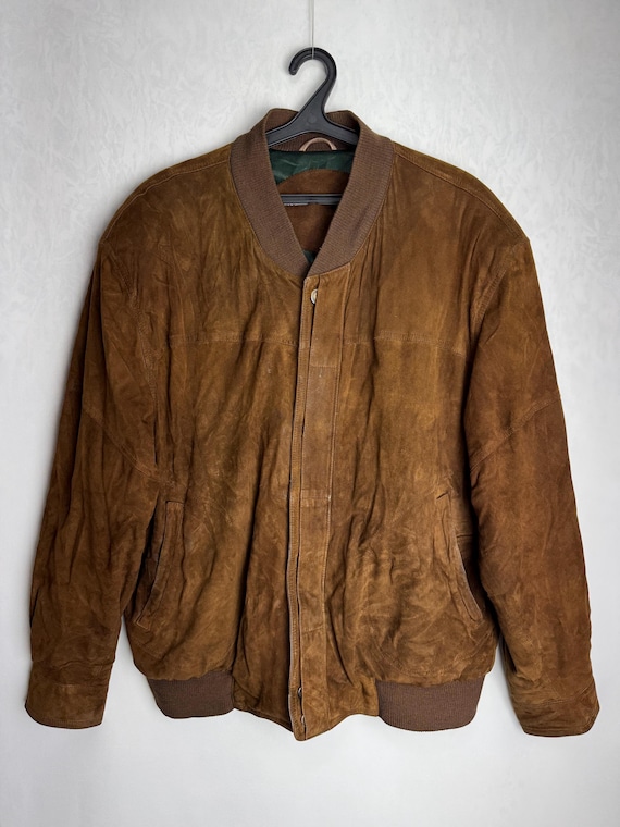 80er Jahre Herren Wildlederjacke, Echtleder Bomberjacke, Übergroße