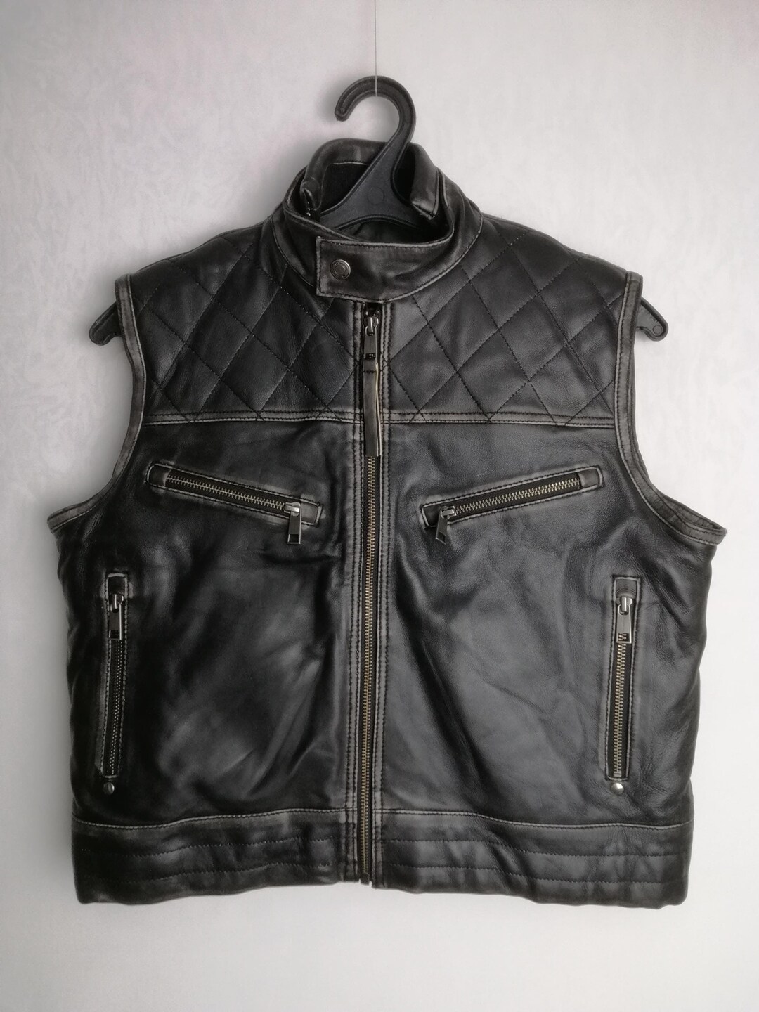 Mens Quilted Leather Vest, Motorcycle Sleeveless Jacket, Black Leather ...