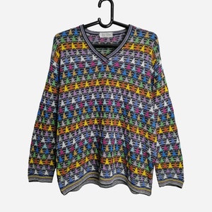 Made In Italy Vintage Womens Sweater 80s Wool Blend Geometric Patterned Jumper Colorful Oversized Hipster Sweater