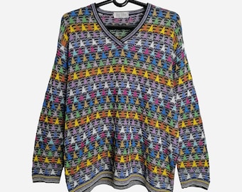 Made In Italy Vintage Womens Sweater 80s Wool Blend Geometric Patterned Jumper Colorful Oversized Hipster Sweater