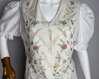 90er Jahre Blumen Stickerei Weste, Damen Country Boho Blumen Weste, Leinen Baumwollmischung Folk Weste, bestickte Festival ärmellose Jacke, M