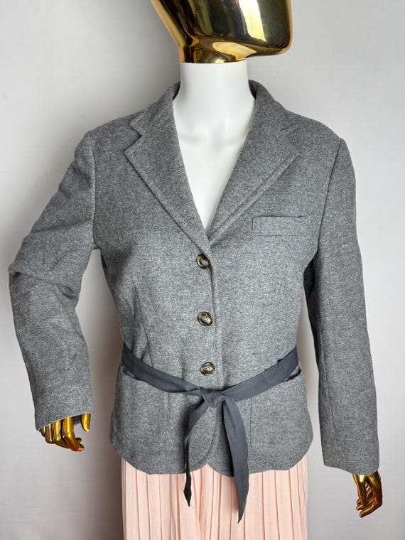 Weekend Max Mara, MAX MARA WEEKEND Wool Jacket, Elegant Gray Belted Blazer, 90s Italian Designer Blazer, Classic Office Suit Jacket, Minimalist Tailored Coat