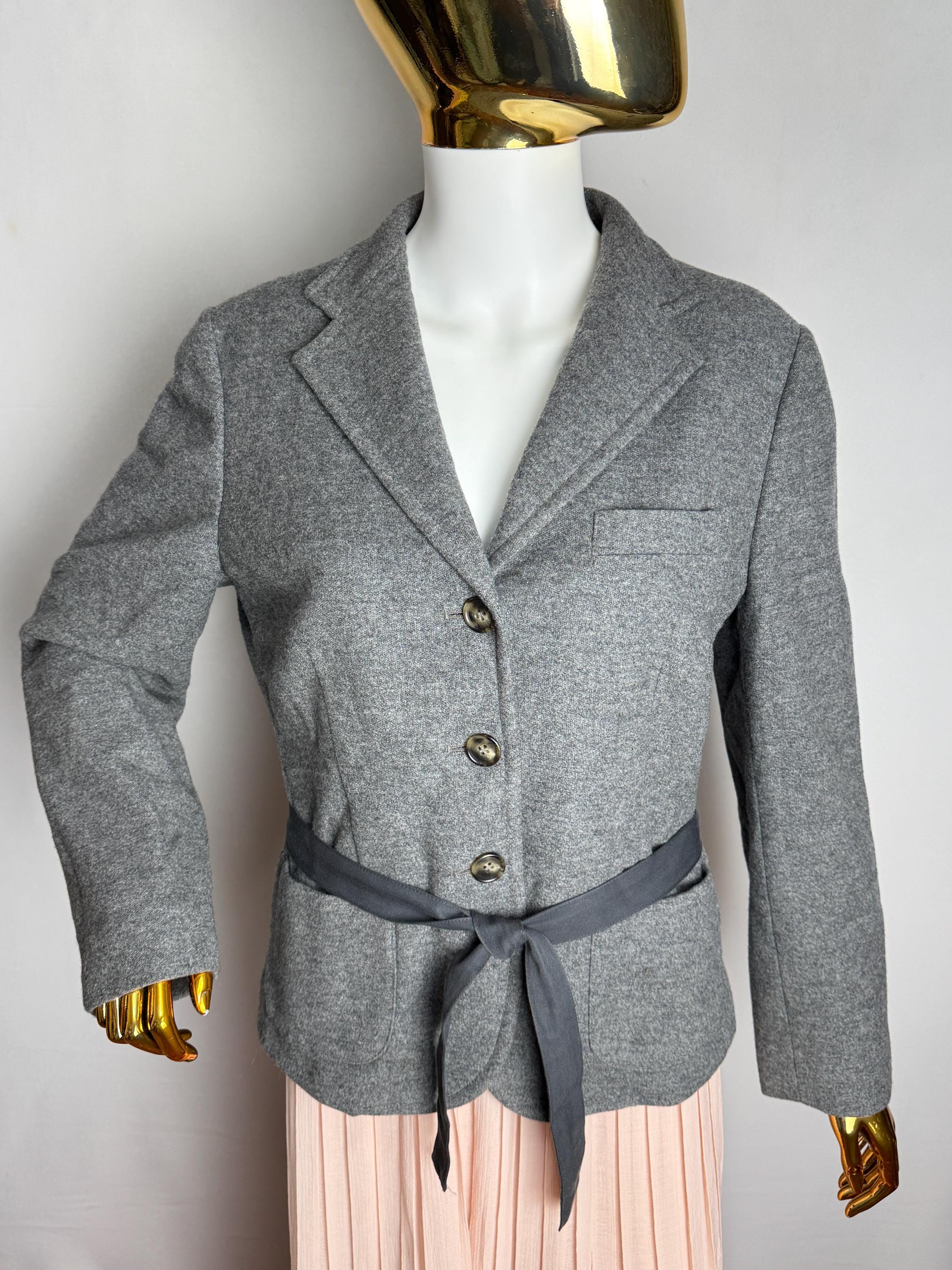 Weekend Max Mara, MAX MARA WEEKEND Wool Jacket, Elegant Gray Belted Blazer, 90s Italian Designer Blazer, Classic Office Suit Jacket, Minimalist Tailored Coat