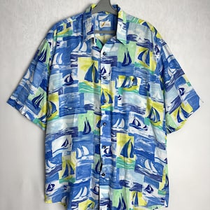 Mens Sailboat Print Shirt, 90s Short Sleeve Viscose Shirt, Ocean Vacation Button Up, Nautical Beach Shirt, Colorful Retro Summer Shirt, L