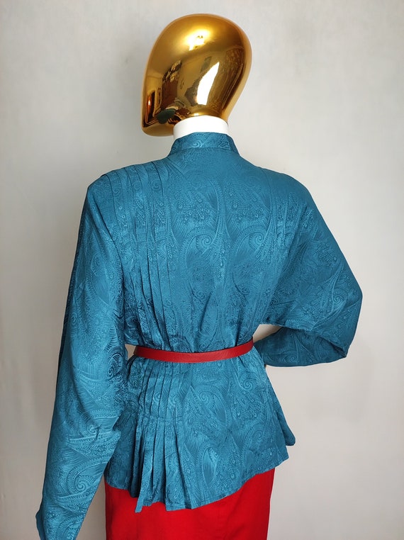 70s Turquoise Silk Blouse, Pleated Pure Silk Shir… - image 3