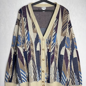 Oversized Mens Cardigan, 90s Multicolor Cardigan, Grandpa Oldschool Sweater, Geometric Patterned Cardigan, Unique Cosby V-Neck Sweater, 4XL