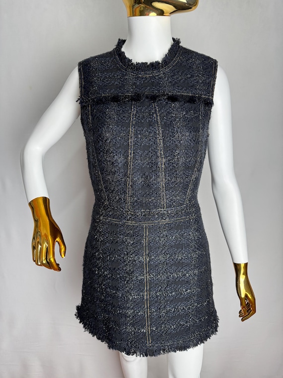 TORY BURCH Tweed Sleeveless Dress, Aria Designer Textured Boucle Dress,  Navy Black Metallic Check Dress, Fringe Short Shift Mini Dress, XS S - Etsy  Israel