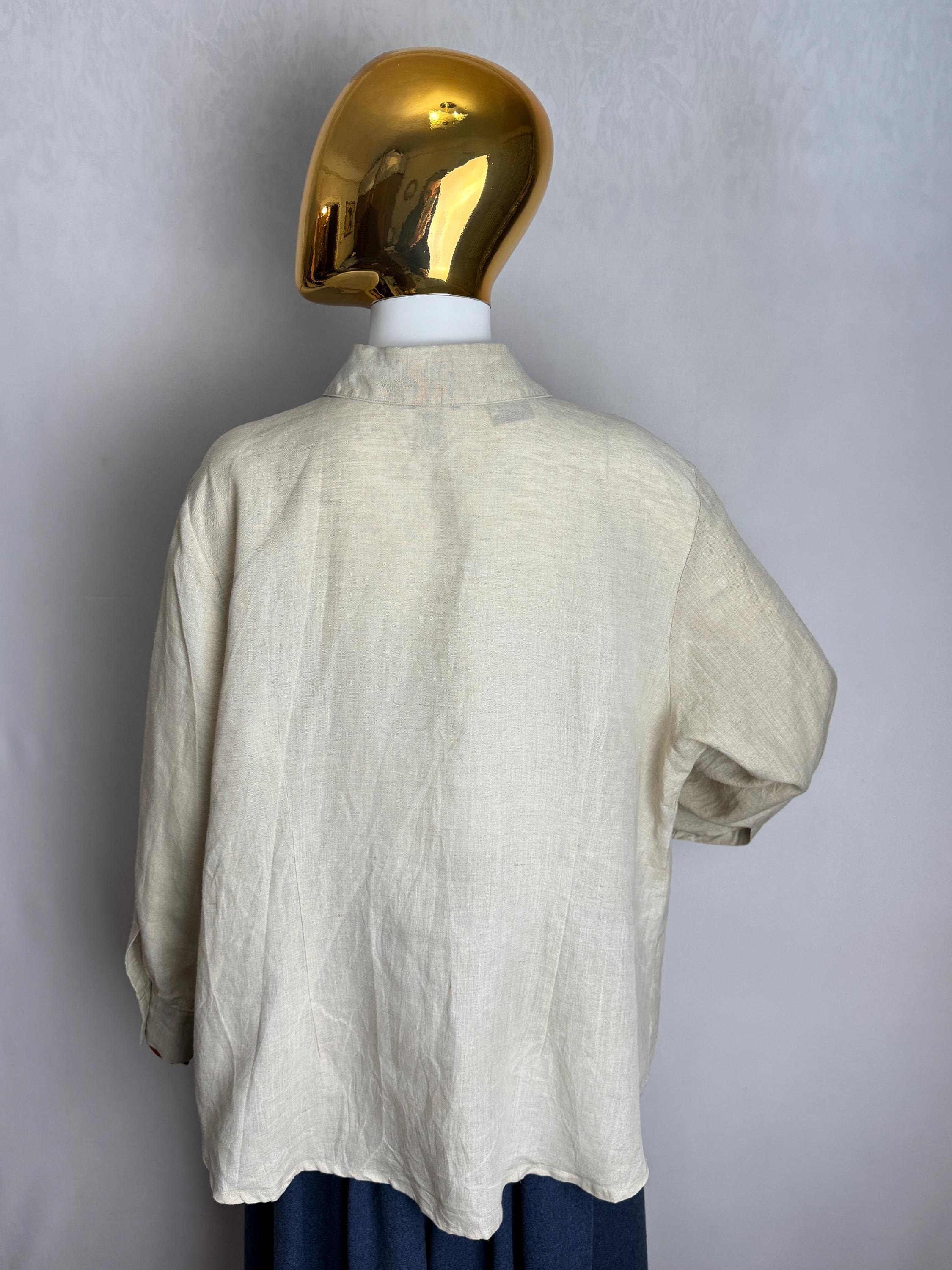 Vintage Irish Linen Shirt, Handmade Floral Applique Top, Natural