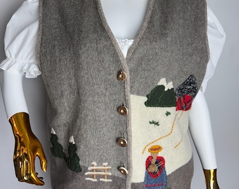 Chaleco de lana hervida austríaco, chaleco Dirndl Trachten de los años 80, chaqueta sin mangas para Oktoberfest, chaleco folclórico tirolés, chaleco con paisaje bávaro alemán, XL