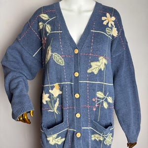 Floral Embroidery Cardigan, 90s Country V-Neck Sweater, Oversized Boho Knit Pullover, Blue Cotton Granny Cardigan, Cottagecore Knitwear, XL