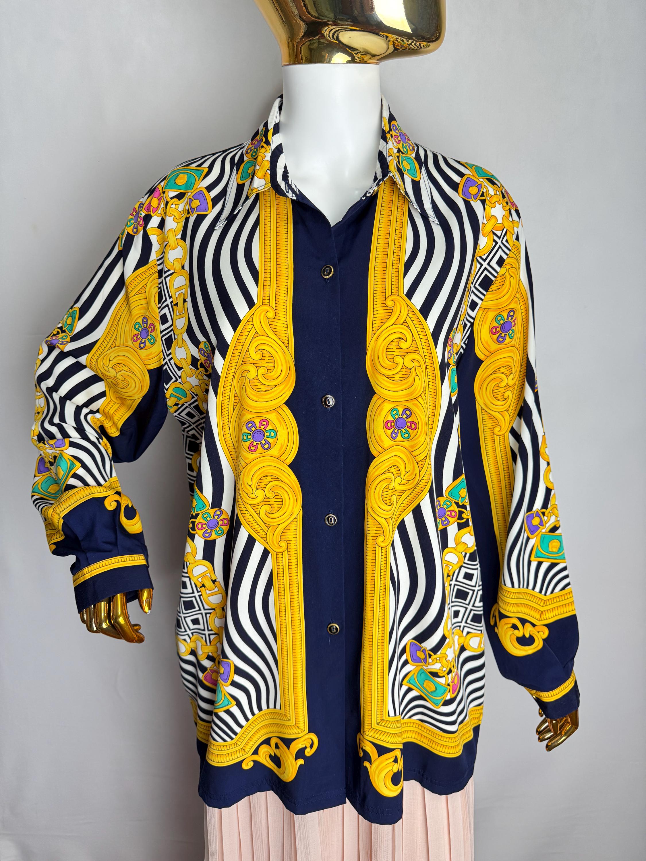 Vintage Gold Chain Print Shirt, 90s Italian Baroque Style Vintage Gold Chain Print Shirt, 90s Italian Baroque Style