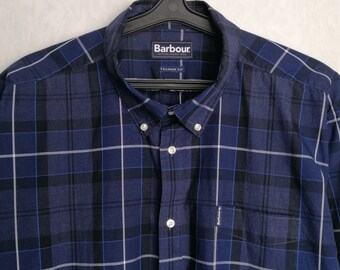 BARBOUR Mens Check Shirt, Cotton Button Down Shirt, Navy Blue Long