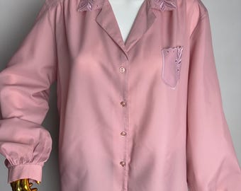 80s Secretary Blouse, Embroidered Collar Blouse, Soft Pastel Pink Shirt, Romantic Elegant Classic Blouse, Ladies Polyester Retro Button Up