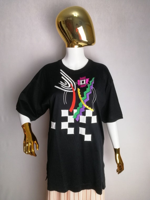 LAUREL by ESCADA Abstract T-Shirt, 90s Margaretha Ley Top, Modern Art Designer Shirt, Oversized Short Sleeve Tee, Y2K Streetwear Tshirt, L