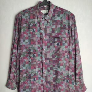 Herren Abstrakt Print Shirt, 80er Jahre Langarm Viskose Shirt, Geometrische Button Up, Psychedelische Festival Shirt, Multicolor Sommer Shirt, Größe M