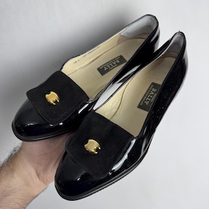 BALLY Patent Leather Loafers, 80s Genuine Leather Black Shoes, Gold Emblem Classic Loafers, Vintage Designer Footwear, Made In Switzerland