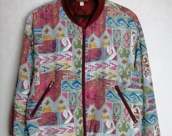 90s Colorful Bomber Jacket, Abstract Print Oversized Bomber, Psychedelic Lightweight Zipped Jacket, Women Unique Festival Viscose Jacket, XL