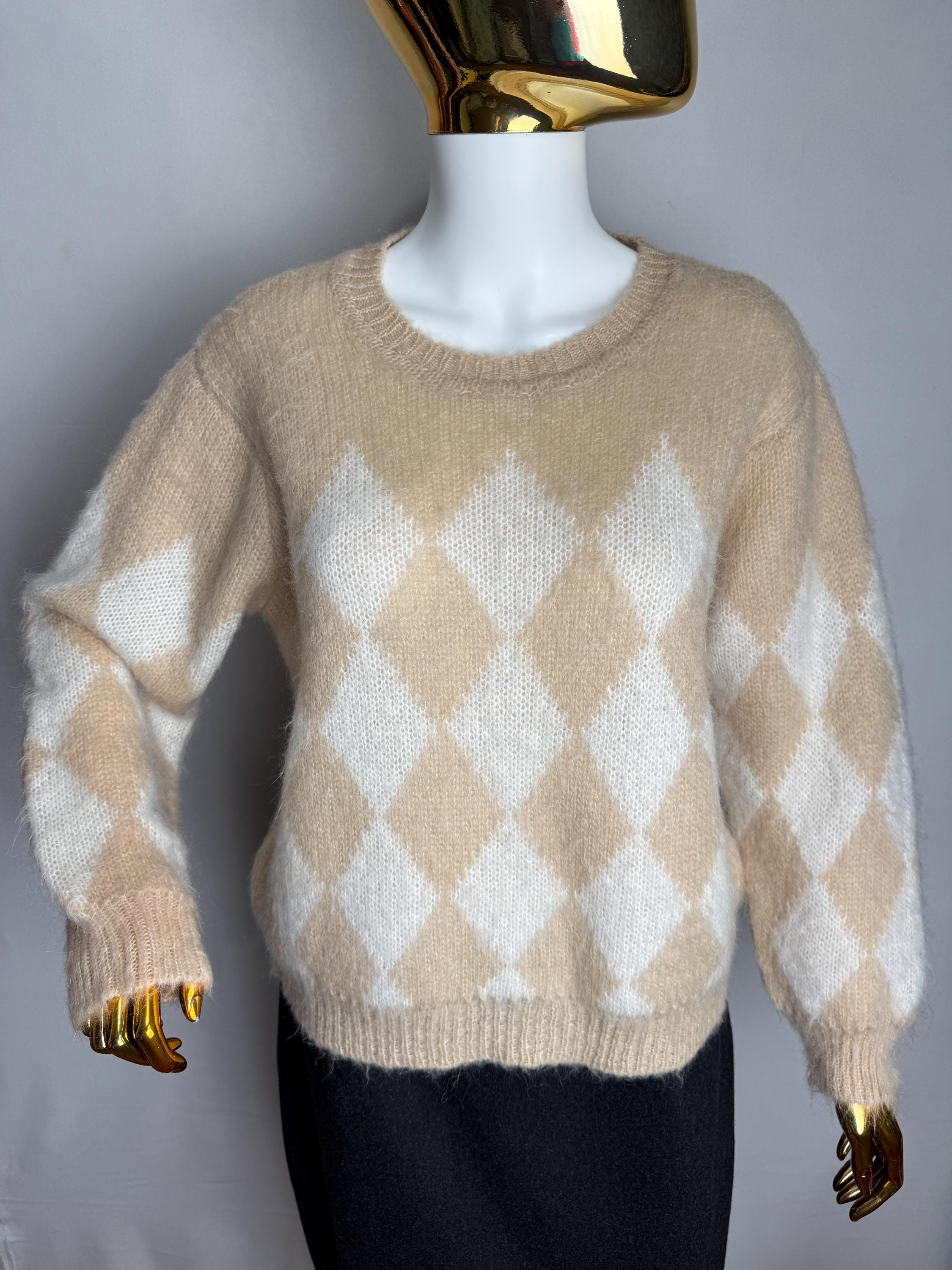 Sandro, SANDRO PARIS Mohair Blend Sweater, Cream White Argyle Pullover, French Designer Oversize Sweater, Fuzzy Soft Knit Pullover, Made In Italy, M