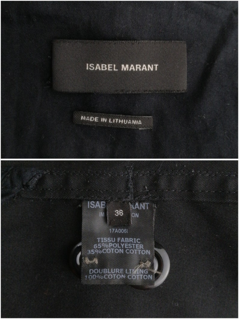 May include: Black fabric label with white text reading "ISABEL MARANT" and "MADE IN LITHUANIA". A second black fabric label with white text reads "ISAB KANT", "IM 36 ON", "17A0061", "TISSU FABRIC 65% POLYESTER 35%COTON COTTON", and "DOUBLURE LIVING 100% COTON COTTON".