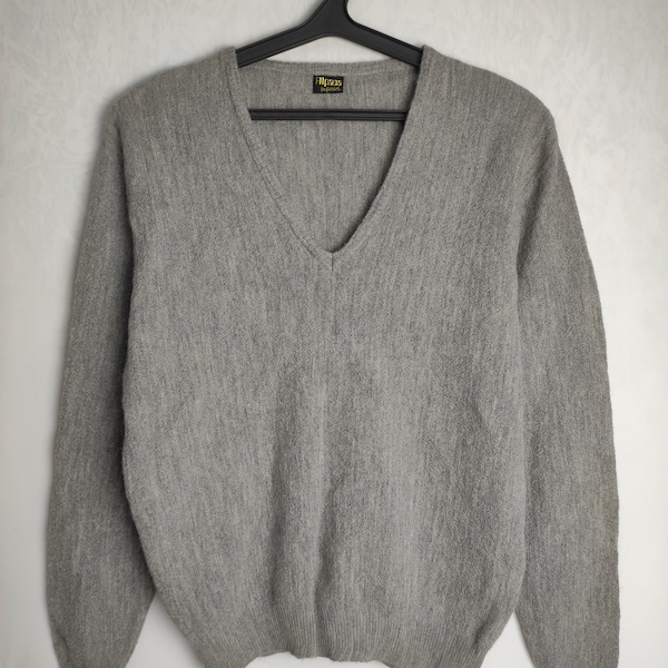 Mens Alpaca Sweater, 90s Wool Blend V-Neck Jumper, Gray Alpaca Wool Pullover, Minimalist Long Sleeve Sweater, Made In Germany, Size L