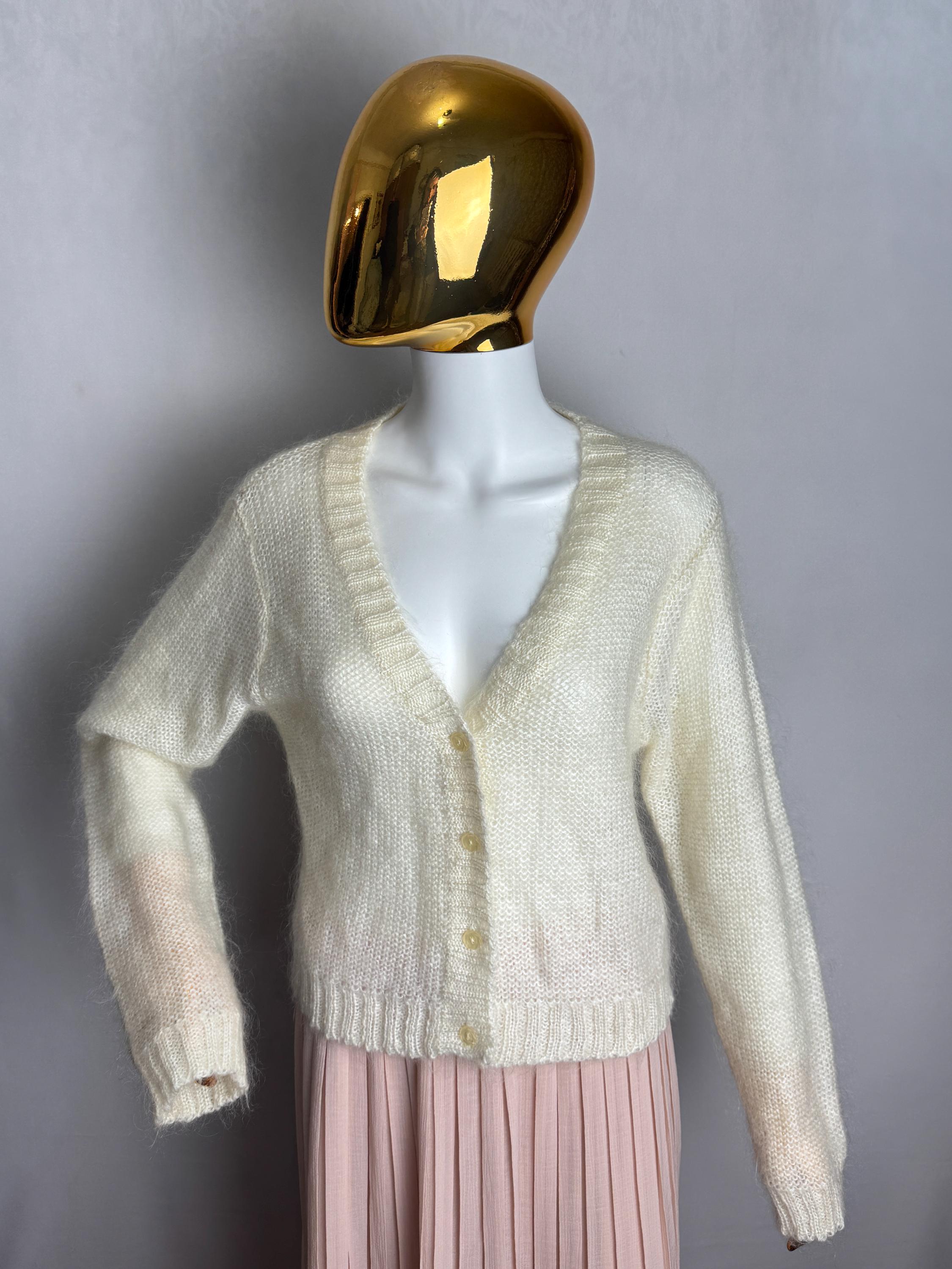80s Mohair Cropped Cardigan, Creamy White Soft Knit Sweater